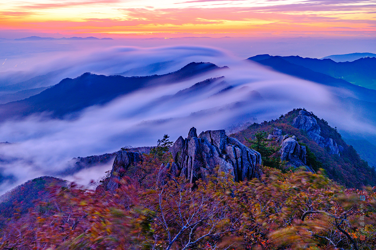 가을색으로 물들어가는 팔공산에 아침 해가 뜨고 바람을 탄 유운(流雲)은 팔공산 주능선을 넘고있다.                
