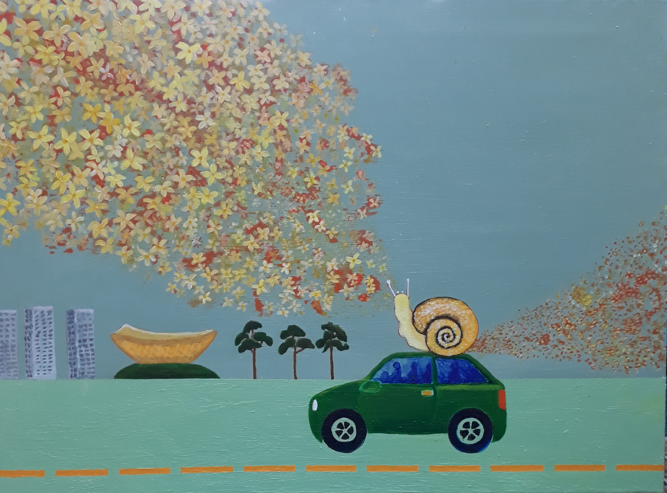 박태숙_달리다(106×72.7cm)_acrylic on canvas   빠르기란? 기준이 어디에 있느냐의 문제지 달팽이만 있는 세상이라면 느리다는 생각은 하지 않을 것이다. 그러므로 이 세상은 타인과의 비교보다는 자신의 위치에서 건전하게 생활하며 자신의 삶을 찾아가는 것이 가치있는 일일 것입니다.  장애인으로 모든 움직임이 느린 달팽이를 닮았지만 행복을 찾아서 달립니다.