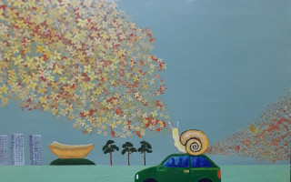 박태숙_달리다(106×72.7cm)_acrylic on canvas   빠르기란? 기준이 어디에 있느냐의 문제지 달팽이만 있는 세상이라면 느리다는 생각은 하지 않을 것이다. 그러므로 이 세상은 타인과의 비교보다는 자신의 위치에서 건전하게 생활하며 자신의 삶을 찾아가는 것이 가치있는 일일 것입니다.  장애인으로 모든 움직임이 느린 달팽이를 닮았지만 행복을 찾아서 달립니다.